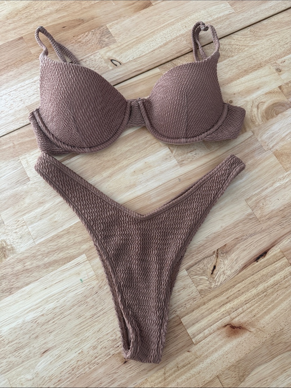 TJ swim underwire and thong bikini set in mocha brown- sz M